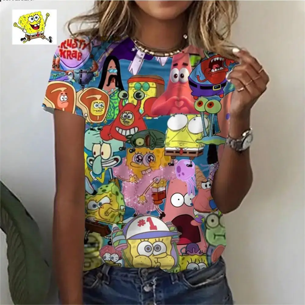 Summer fashion street trend retro boutique women\'s short-sleeved round neck T-shirt 3D printed Disney Spongebob cute T-shirt