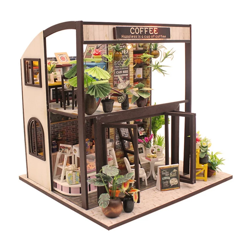 

B49B-Miniature DIY Coffee House Kit DIY Dollhouse Kit Desk Bookshelf Decoration For Girls Boys Kids Adults Idea Gift