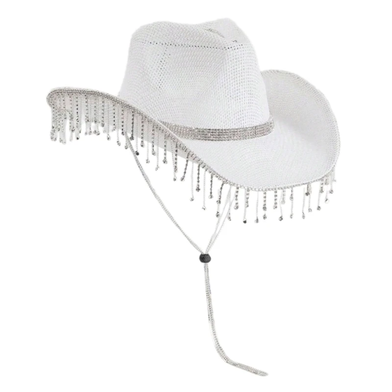 Western Cowboy Hat with Diamond Tassels Girl Carnivals Rolled Brims Cowboy Hat