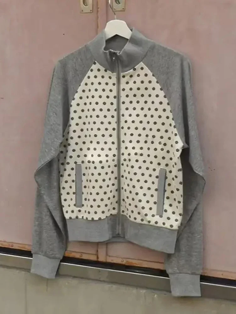 

Y2k толстовка в горошек винтажные толстовки женские корейский стиль пальто с воротником-стойкой эстетические топы в стиле гранж женские куртки с капюшоном на молнии