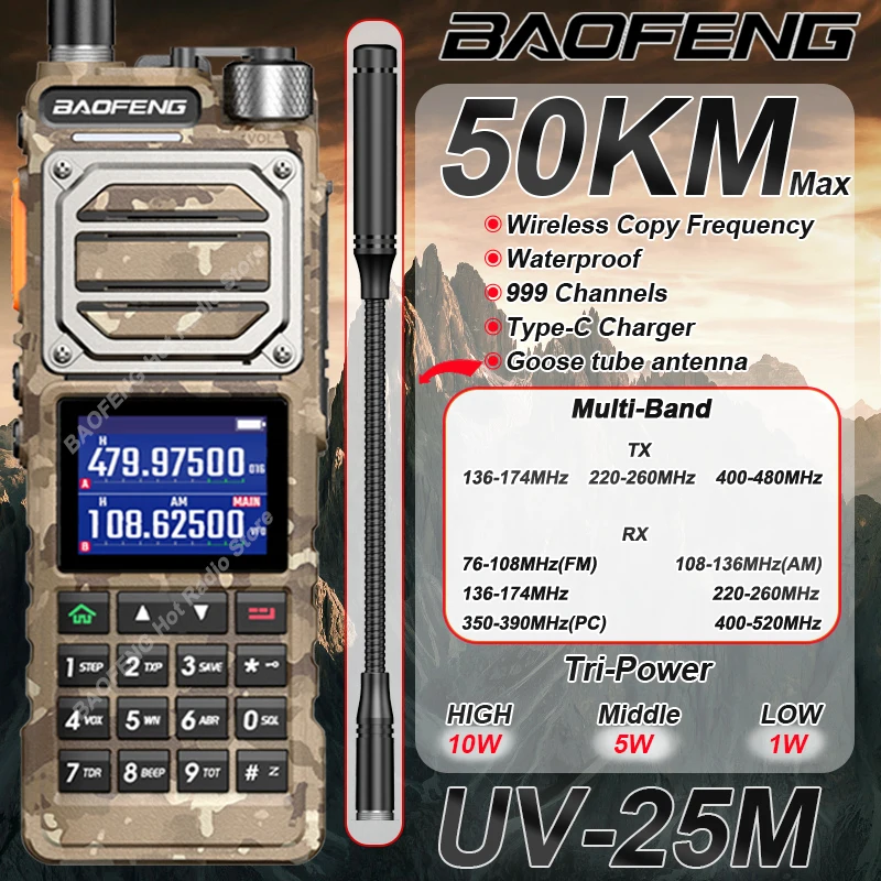 Baofeng UV-25M 워키토키 카모 고출력 멀티 밴드 무선 복사 주파수, C 타입 NOAA AM FM 장거리 양방향 라디오 UV-25 