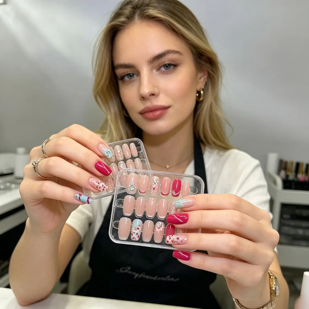 Red Nude Blue Mix Press On Nails, Medium Coffin Fake Nails with Glitter Design, Daily Wear False Nails 24Pcs