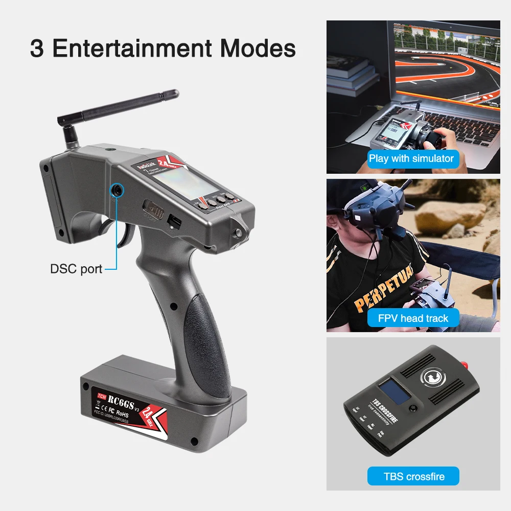 Radiolink RC4GS V3 – Émetteur RC 7 Canaux 2.4GHz Avec Gyro & Télémétrie + 2 Récepteurs R6FG – Idéal Voiture, Crawler, Bateau