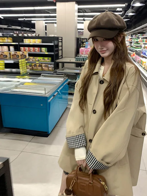 

Fashionable Khaki Plaid Splicing Stand Collar Two-Way Wear A-Line Mid-Length Coat for Women Commute Style Korean Loose Fit
