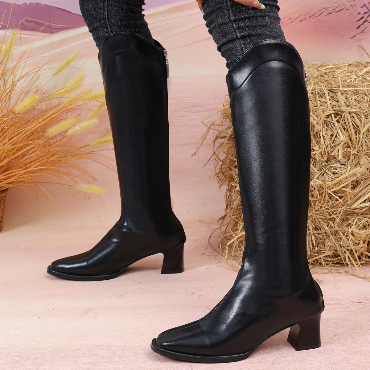 2026 Spring Autumn New Pointed V-shaped Design Slim Western High Boots Women's Solid Color Rear Zipper Square Heel and Knee Boot