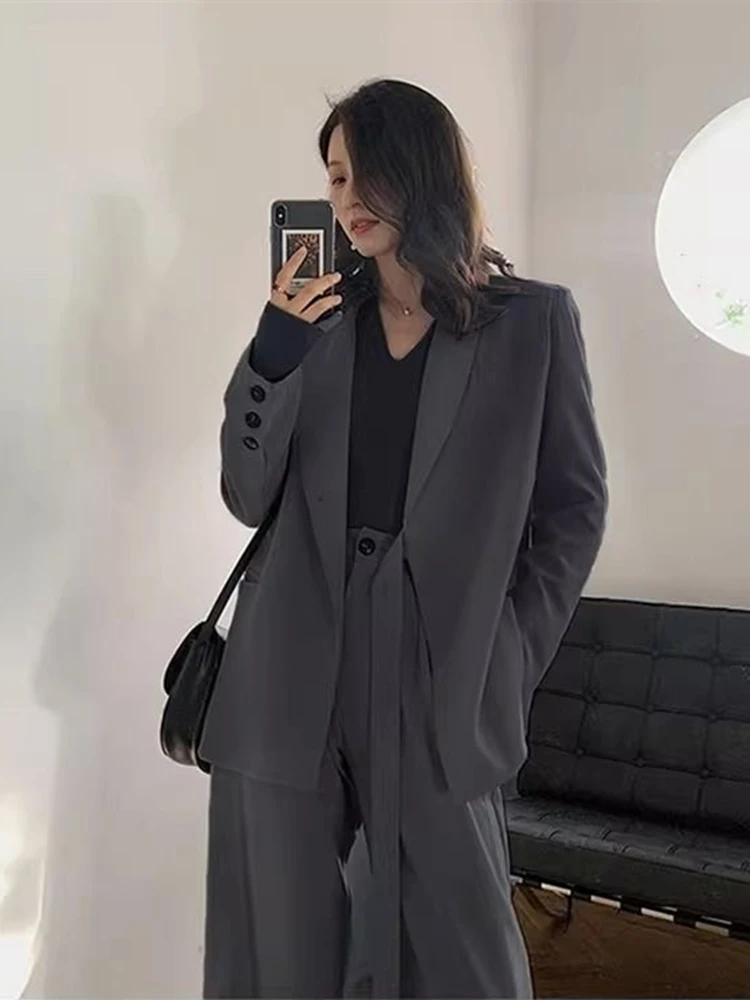 Zweiteilige Sets für Damen, Umlegekragen, lange Ärmel, Schnür-Blazer, Mantel + lockere Hosenanzüge mit weitem Bein, einfarbig, Herbst