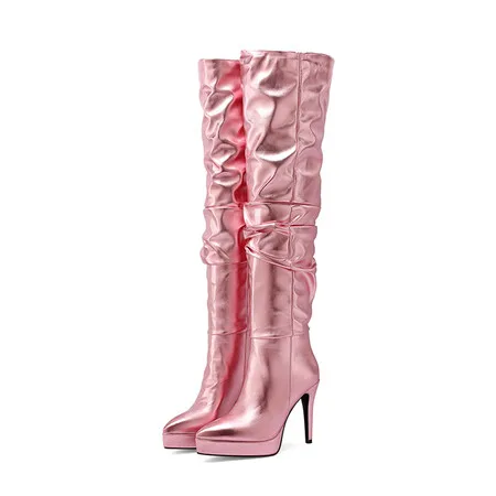 High Quality Soft Cozy Pleated Leather Women Over Sexy Pointed Toe Thigh High Boots for Women High Heels Over The Knee Long Boot