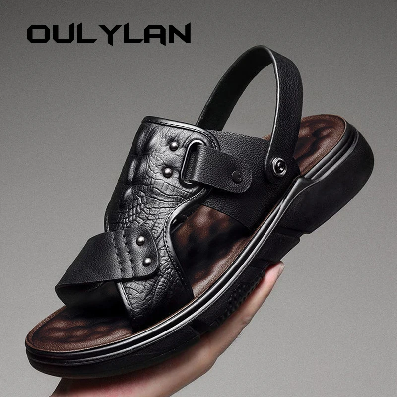 Men\'s Sandals for Summer PVC Faux Leather Soft Sole Anti Slip Beach Shoes Thick Sole Dual-purpose Outdoor Wear Mens Sandals