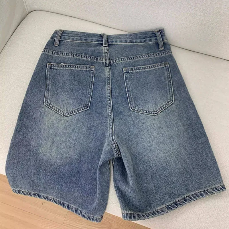 High Waisted Loose Denim Shorts Women Vintage Streetwear Wide Leg Knee-length Jeans Summer Casual Wide Leg Jean Shorts