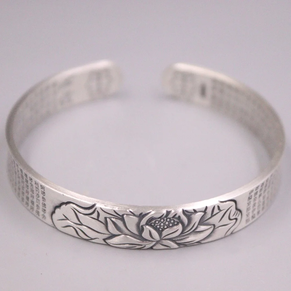 

Real Pure 999 Fine Silver Bangle Women Lucky Lotus Flower Sutra Cuff Bracelet 30.7g