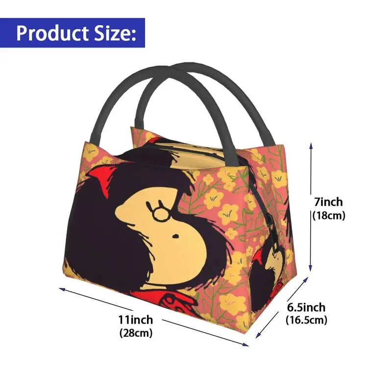 Mafalda e flores lancheira portátil para mulher leakproof quino kawaii cartoon cooler comida térmica isolado saco de almoço