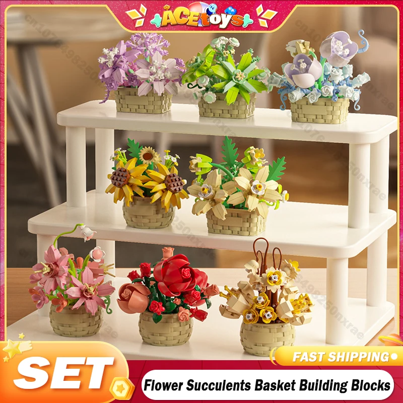 Flower Basket Succulents Building Blocks Everlasting Flower Bonsai Gardens Romantic Bricks DIY Potted Plants Model Kids Kits Toy