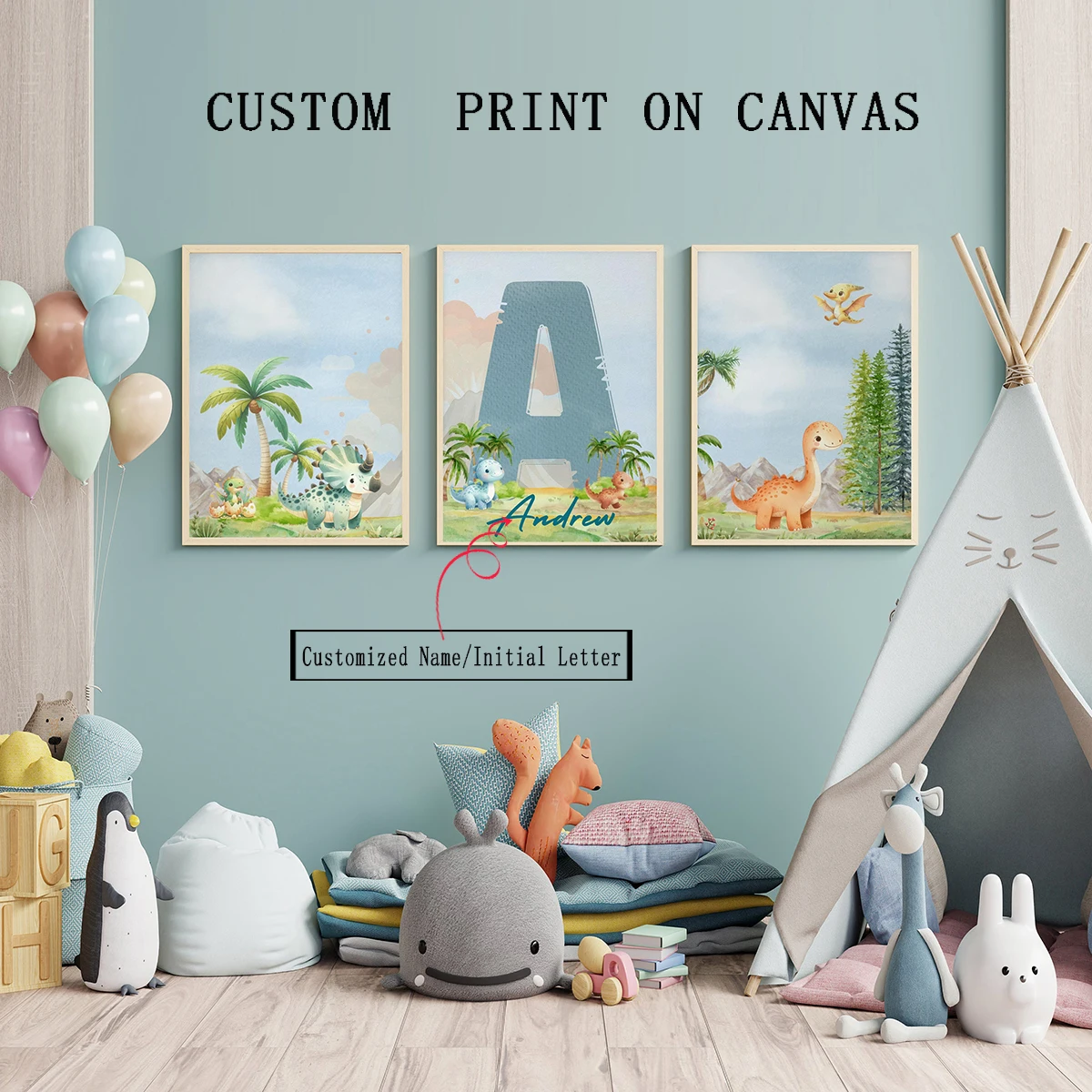 

Custom 3pcs Name Frameless Wall Art Set- Personalized Cute Dinosaur Canvas Prints, Theme Posters for Nursery, Kids Room, Bedroom