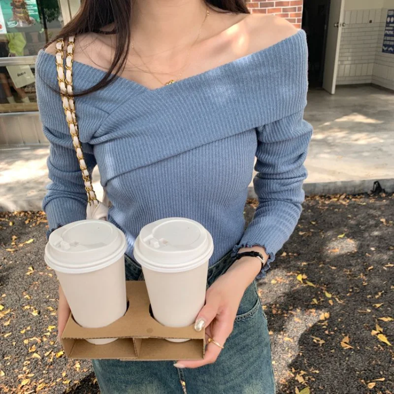 One-shoulder Long-sleeved Sweater Spring Design Lazy Style Base Shirt Top