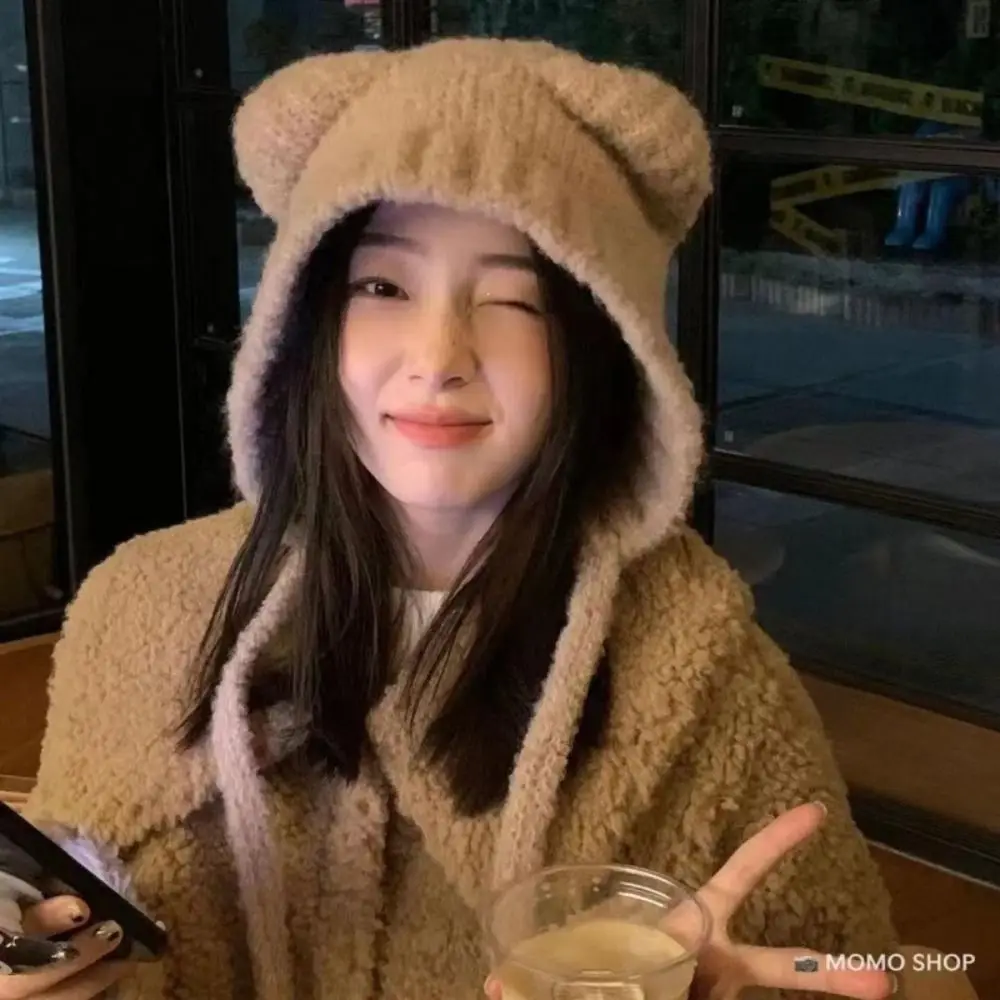 Cute Lace-up Bear Ears Knit Hat Slouchy Warm Ear Protection Hat Thick Fleece Lined Beanie Cap Cold Weather