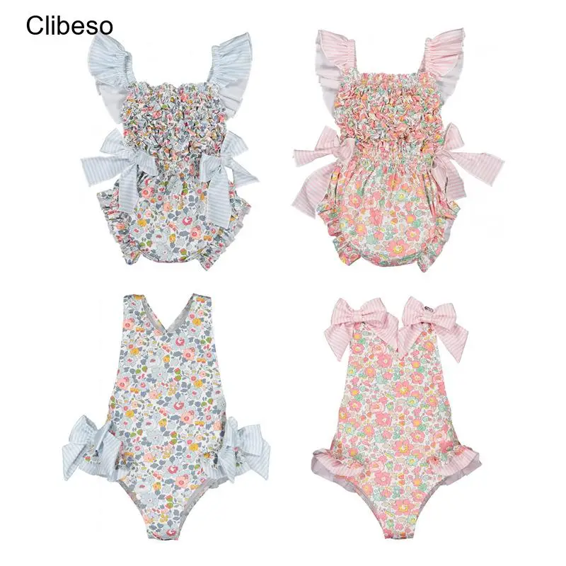 

Clibeso Baby Girls Swimwear Blue Pink Floral Print Cute Bow One Piece Suspender Swimsuit Fashion Children Beach Clothe Bathing