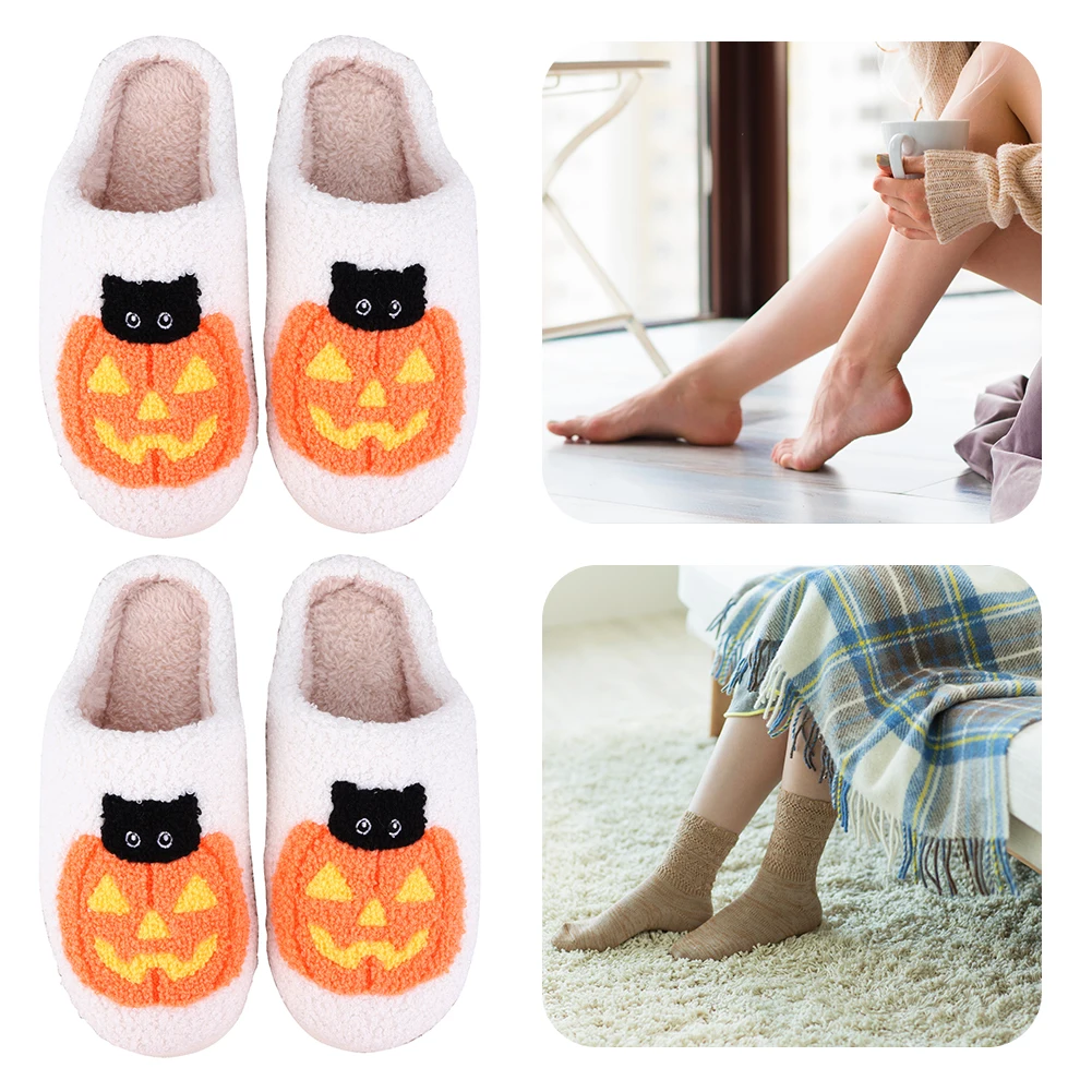 

Halloween Plush Slippers Thick-Soled Flat Thermal Slippers Pumpkin Cat Pattern Comfortable Furry Slippers Gift for Friends