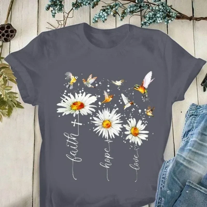 Mulheres Faith Hope Love Camiseta com estampa Margarida, manga curta, gola O, camiseta solta, tops de verão