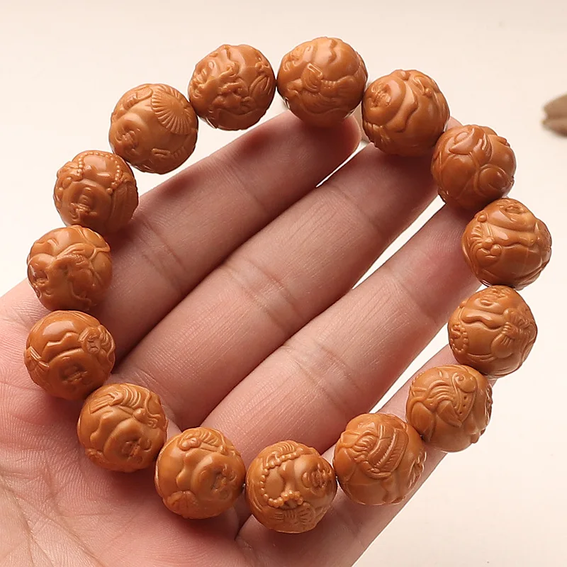 

Natural Carved Free Maitreya Short Round Monkey Head Peach Pit Bracelet Lotus Leaf Maitreya Buddha Wristband for Men Gifts
