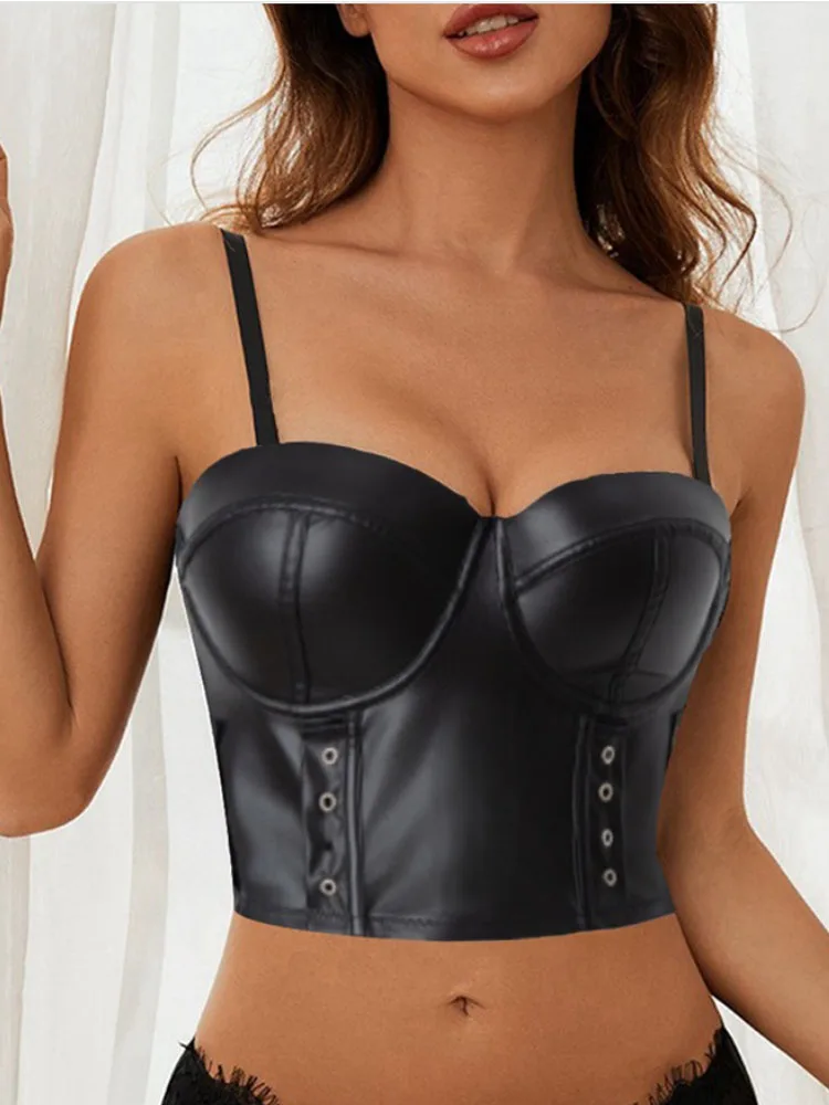 

Женская сексуальная однотонная майка из искусственной кожи на тонких бретельках