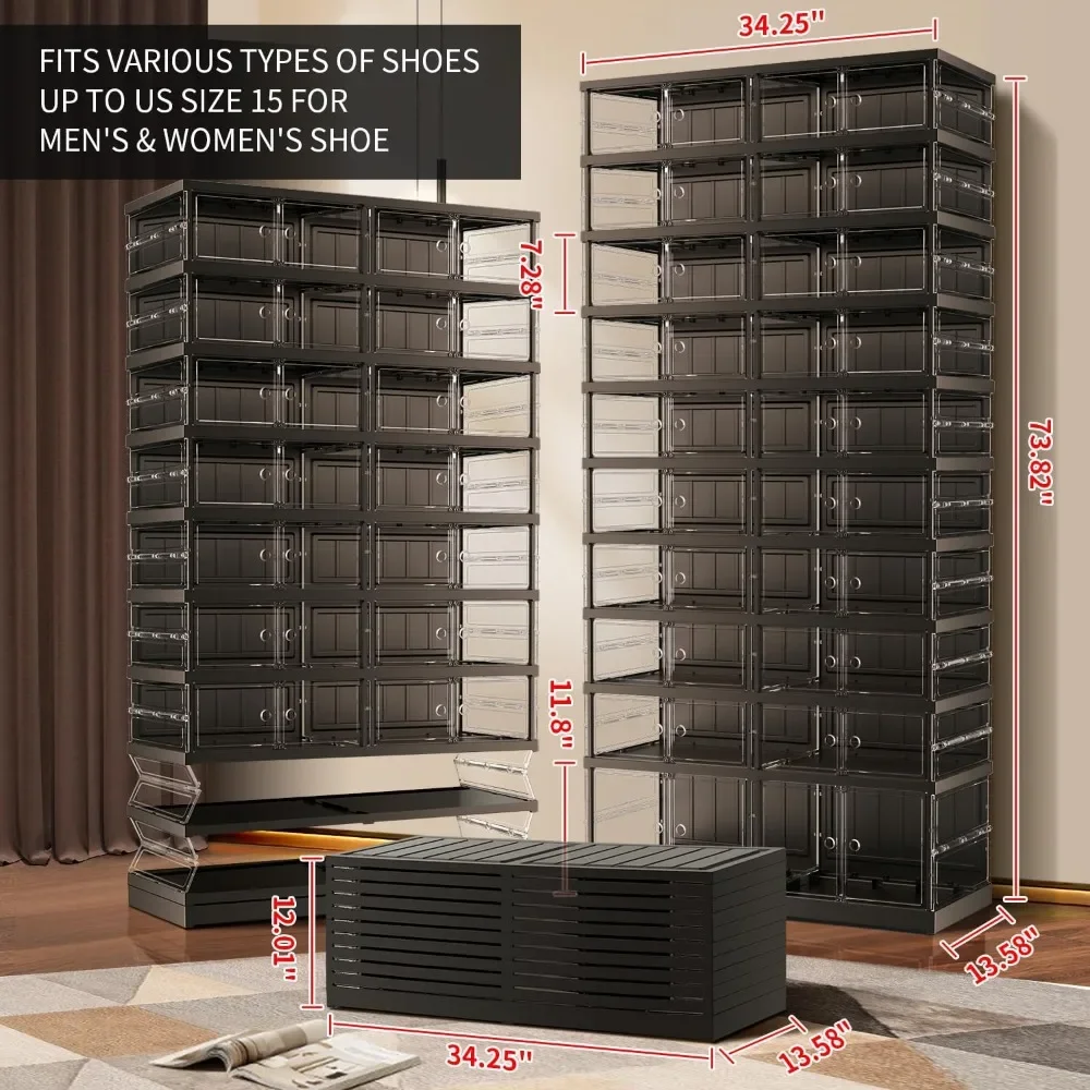 Foldable Shoe Boxes with Doors Quick Large Plastic Shoes Storage Rack 10 Tiers 20-40 Pairs Shoes Shelf Storage