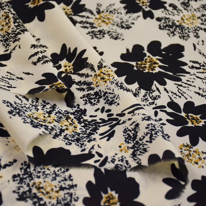 Half Meter Beige Bottom With Retro Black Flower Print Chiffon Fabric For Spring Summer Shirt Dress Cheongsam Scarf Material