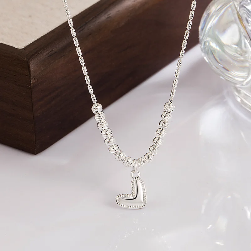 French High Grade 925 Silver Love Heart Necklace Women Simple Elegance Flower Beads Jewelry Sparkling Collarbone Chain KOFSAC