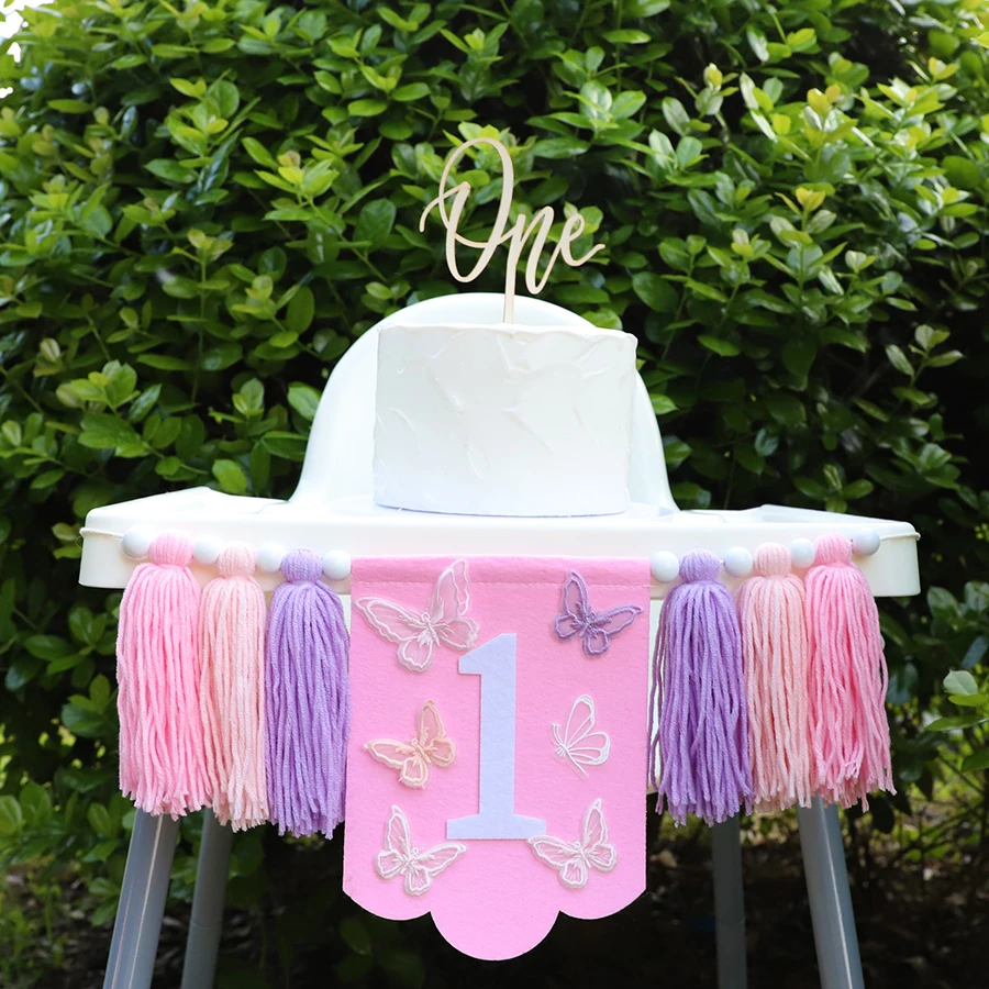 1pc 1st Birthday Butterfly High Chair Banner Handmade Wood Bead Tassel Garland Decoration First Birthday Party Photography Prop