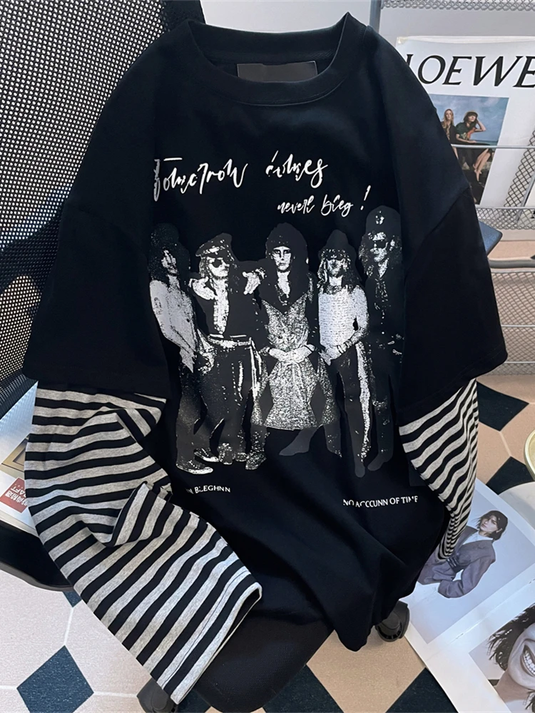 

Off American Sle Long Sve T-irt Striped Ro Band Women's Autumn High Quali Couple Fake Two-Piece Loose Fit round...