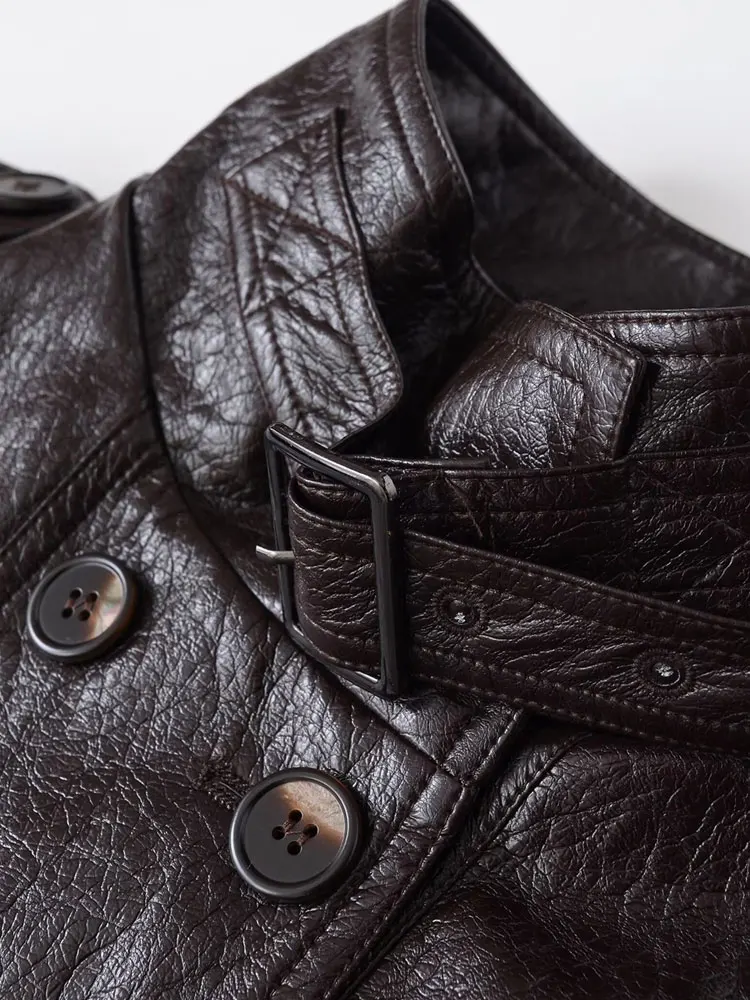 Women's Double Breasted Faux Leather Jacket Coat Long Sleeve Chic Top with Front Pockets Fashion Outerwear