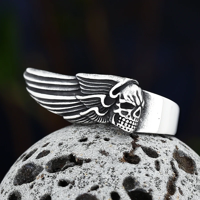 Movie 2022 News Personality Vintage Stainless Steel Feather Wings Ring With  Skull Anels Male&Female Punk Boyfriend Gift