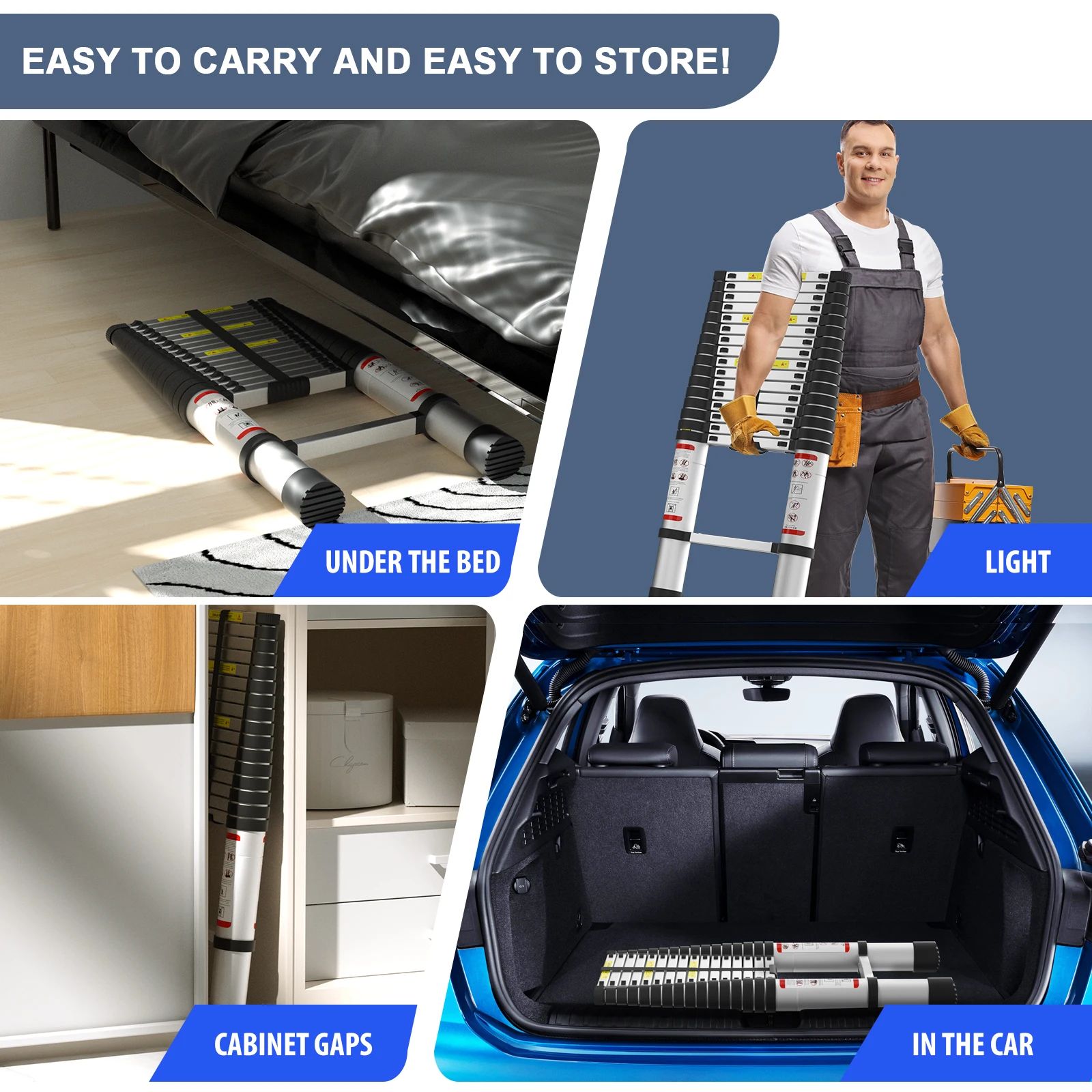 سلم تلسكوبي من الألومنيوم 5 متر/16.4 قدم متعدد الأغراض مع خطافات قابلة للفصل وخطوات قابلة للتمديد، سعة تحميل 150 كجم، بدون زلة