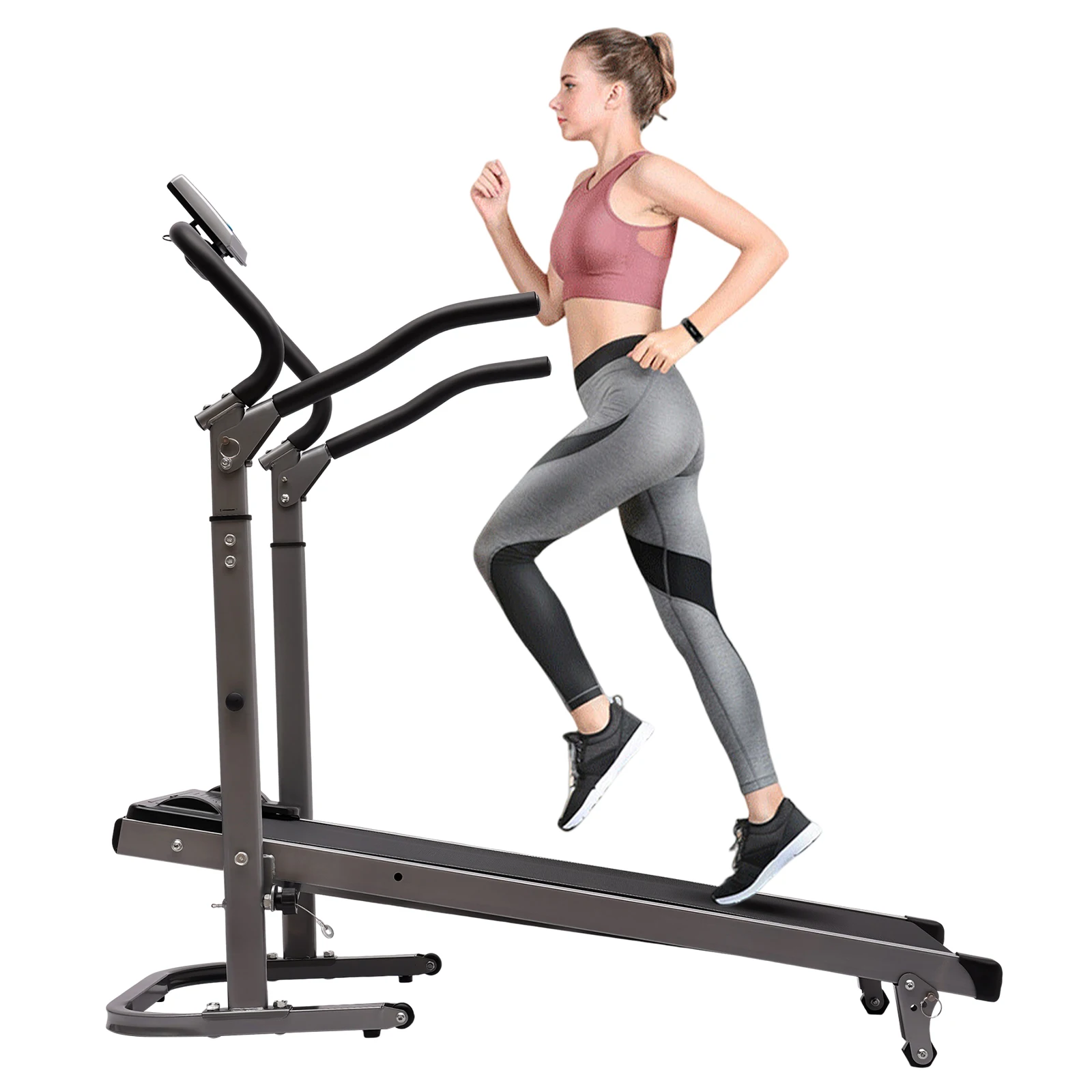 Foldable Treadmill Non-Electric Drive Running Jogging Walking Exercise Machine with Incline for Home LCD Monitor Space Saving