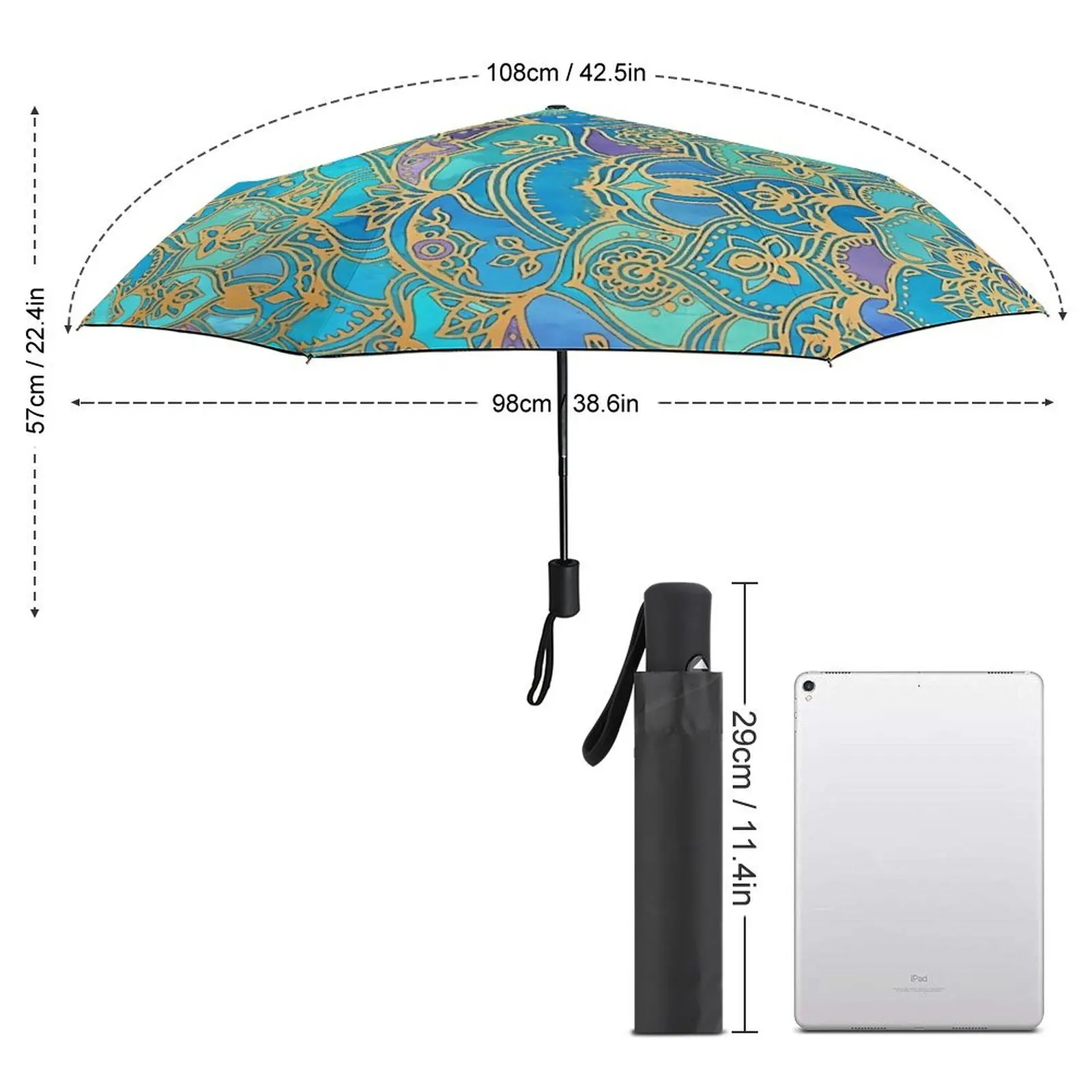 Boho Floral Print 3 Fold Auto Umbrella Blue Mandalas Carbon Fiber Frame Umbrella Sun and Rain Portable Umbrellas for Men Women