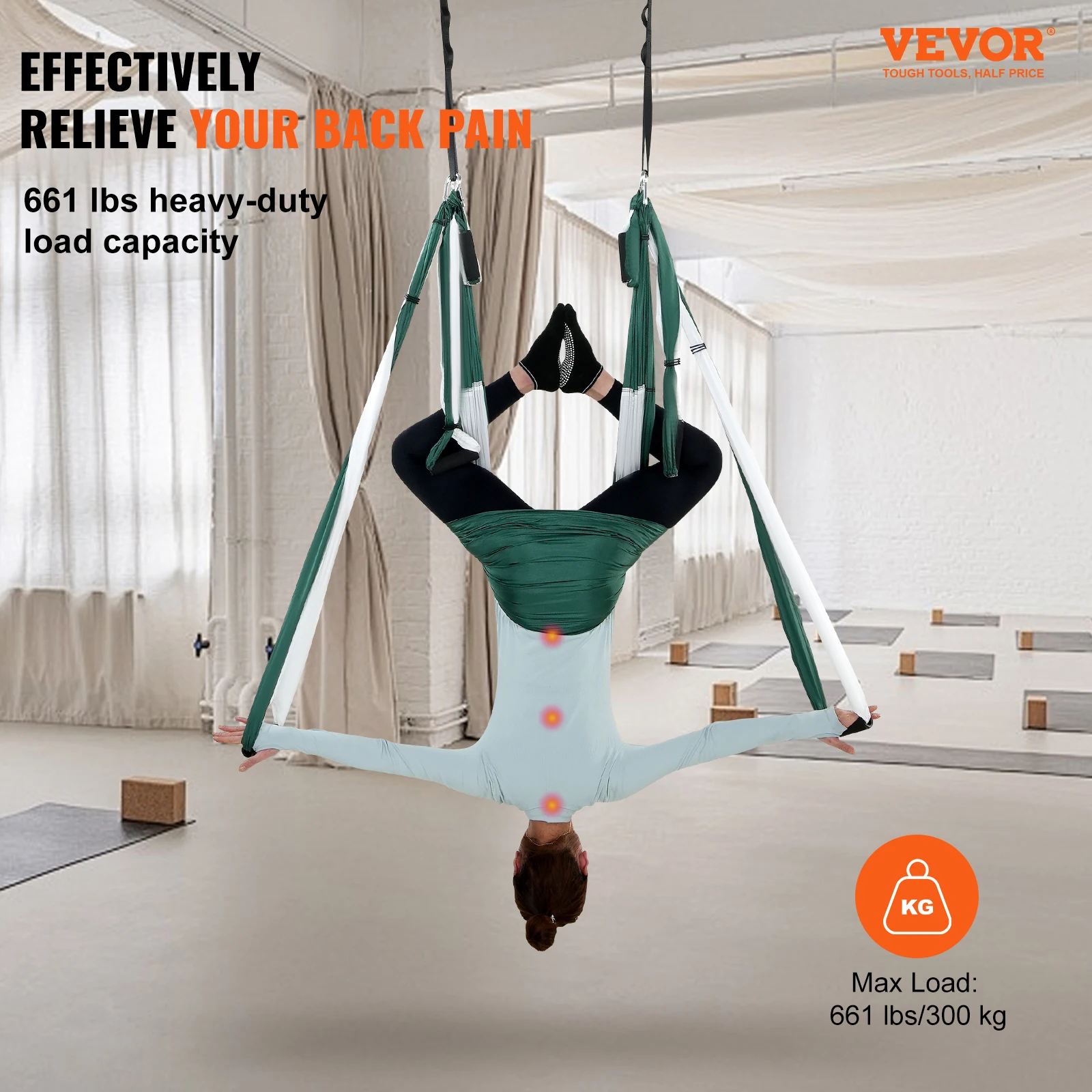 VEVOR 2.7 Yards Aerial Yoga Swing Set Yoga Hammock Hanging Swing Aerial Sling Inversion Fly Kit Trapeze Equipment Green/White