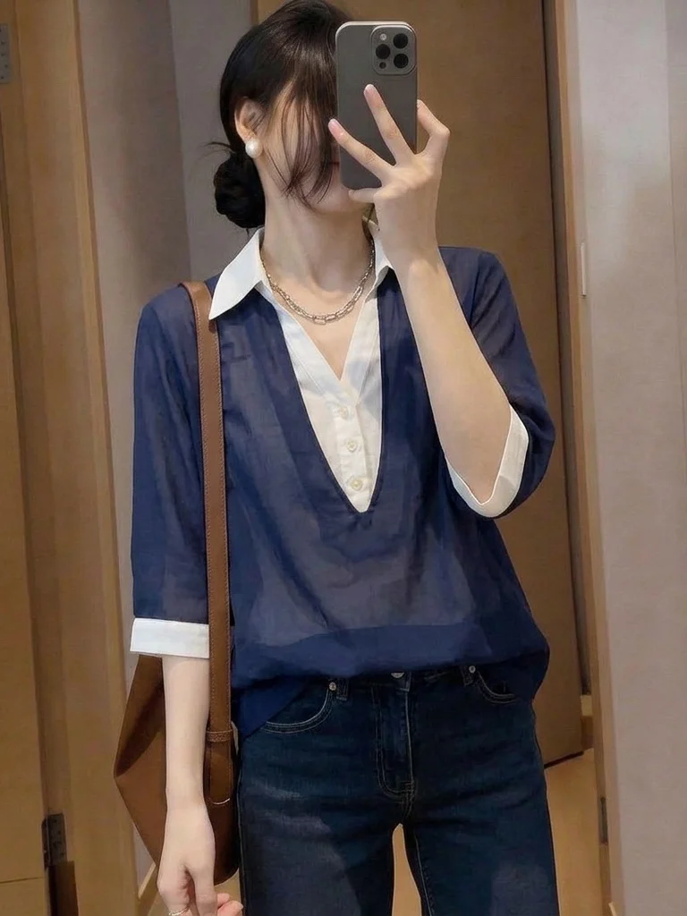 

Elegant Dark Blue V-Neck Short Sleeve Shirt Women's plus Size Summer New Style Korean Version Loose Fit Commute Wind Shirt