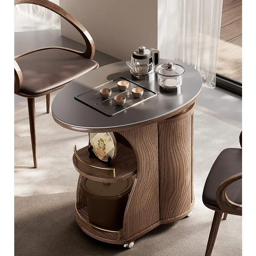 New Chinese style tea table kettle integrated new mobile balcony small tea cart modern simple coffee table walnut edge table