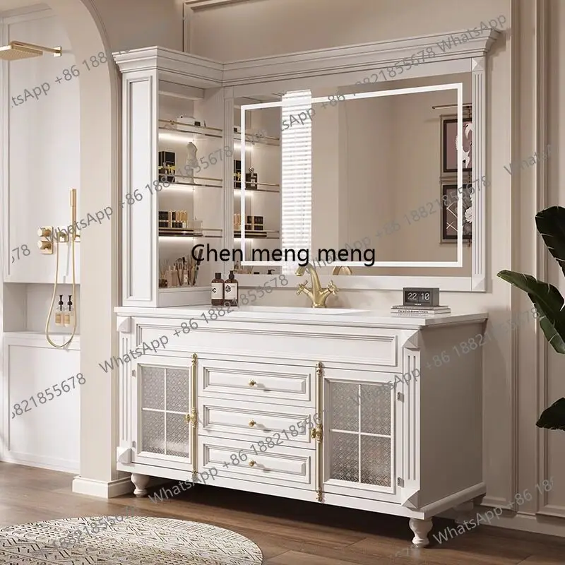 

French retro bathroom cabinet combination bathroom solid wood washstand American style, side cabinet mirror