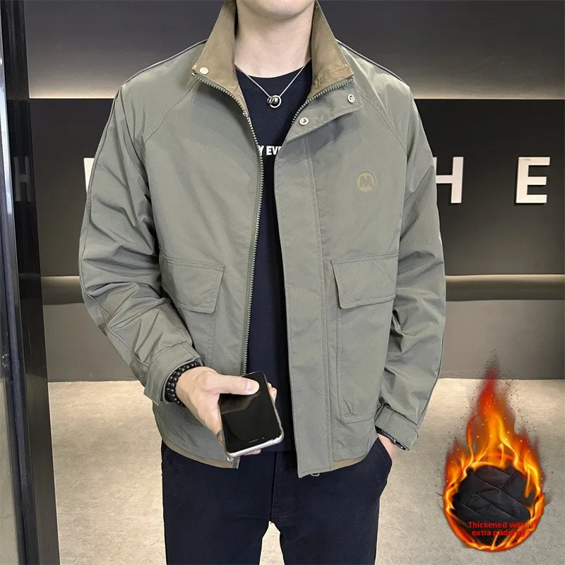 

High Cotton Filled Men's Jaet Thiened Stand Collar Youth Zipper Color Blo Sle Autumn Outerwear Long Sve Coat