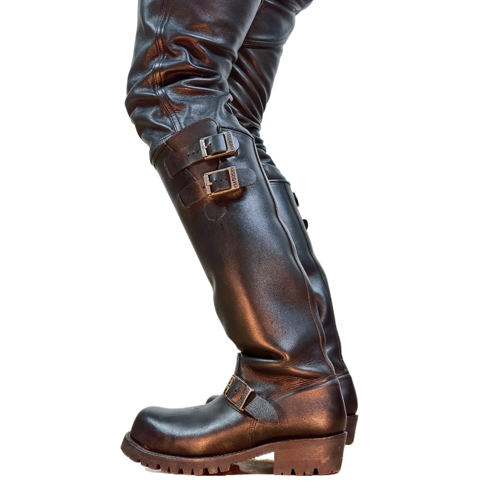 

Retro Men Genuine Leather British Long Chelsae Boots Knee High Winter Riding Knight Boots Western Engineer Boots Buckle Strap