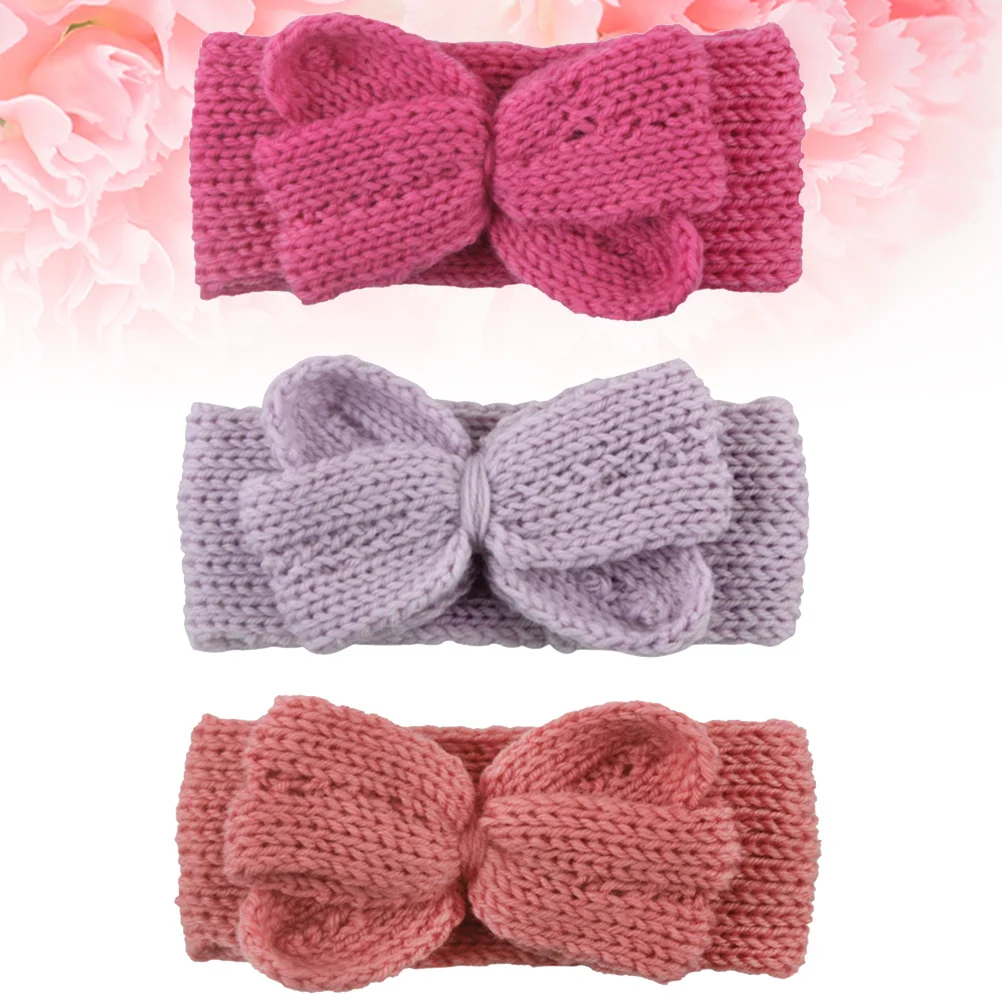 

3Pcs Kids Bowknot Headbands Knitted Stretch Adjustable Hair Bands Soft Comfortable Ear Warmers Skin Pink for Autumn