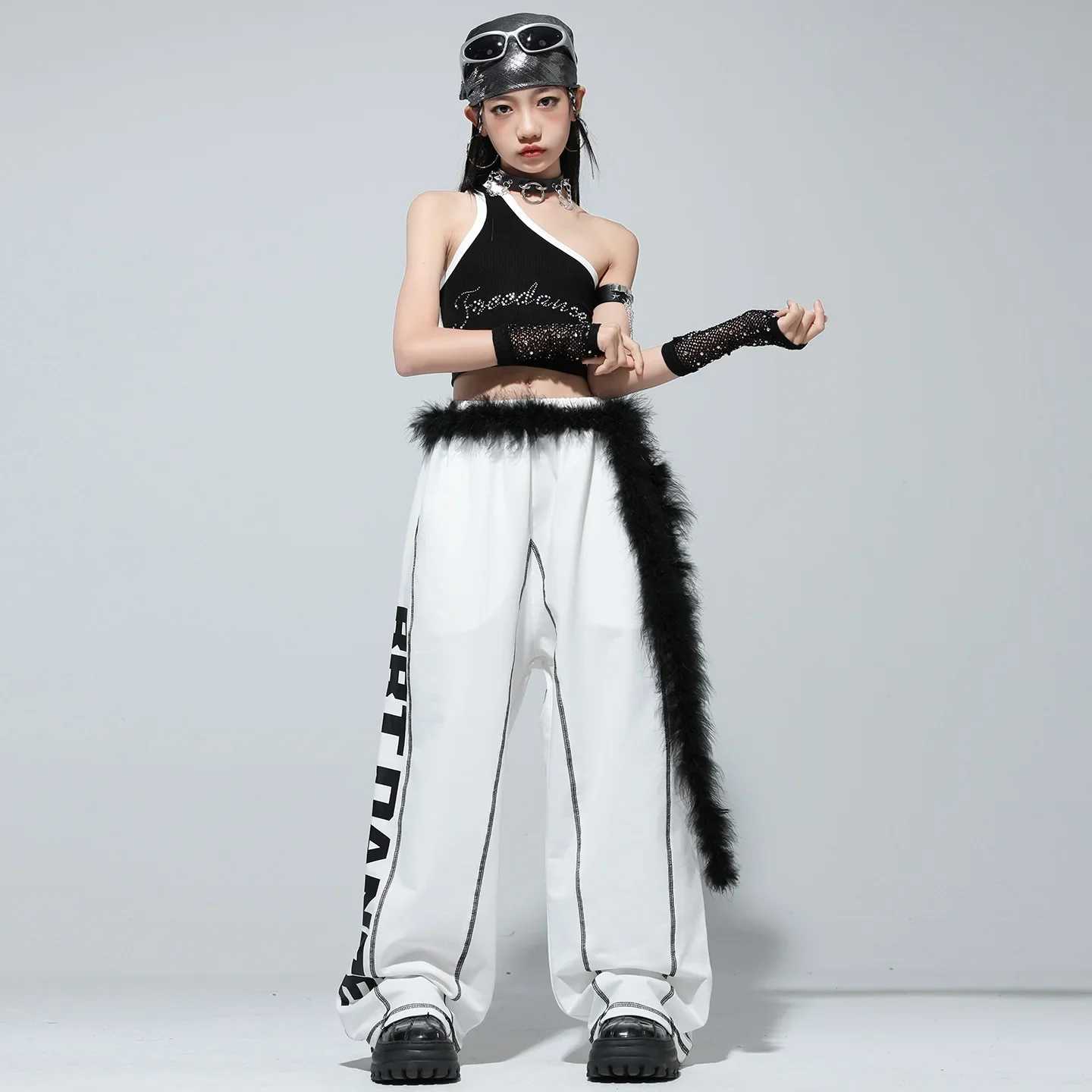 子供ストリートダンスジャズパフォーマンス衣装女の子ヒップホップ服ファッションキャットウォークステージ光沢のあるノースリーブクロップトップロングパンツスーツ