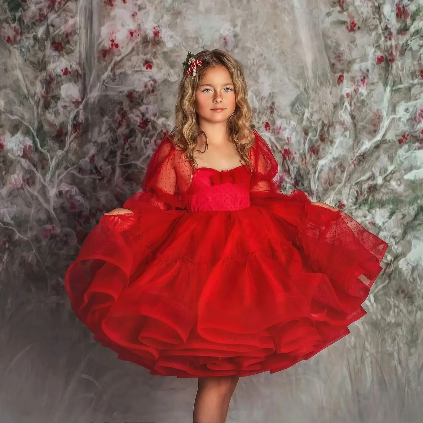 Vestido de baile de manga comprida fofo para meninas, vestidos de flor vermelha, vestidos de aniversário infantil, babados em camadas, vestidos de fotografia