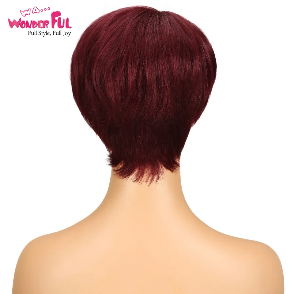 Wonderful Red Burgundy 99J Color Short Bob Pixie Cut Wig With Bangs Straight Remy Human Hair Wigs For Women Machine Made Wigs