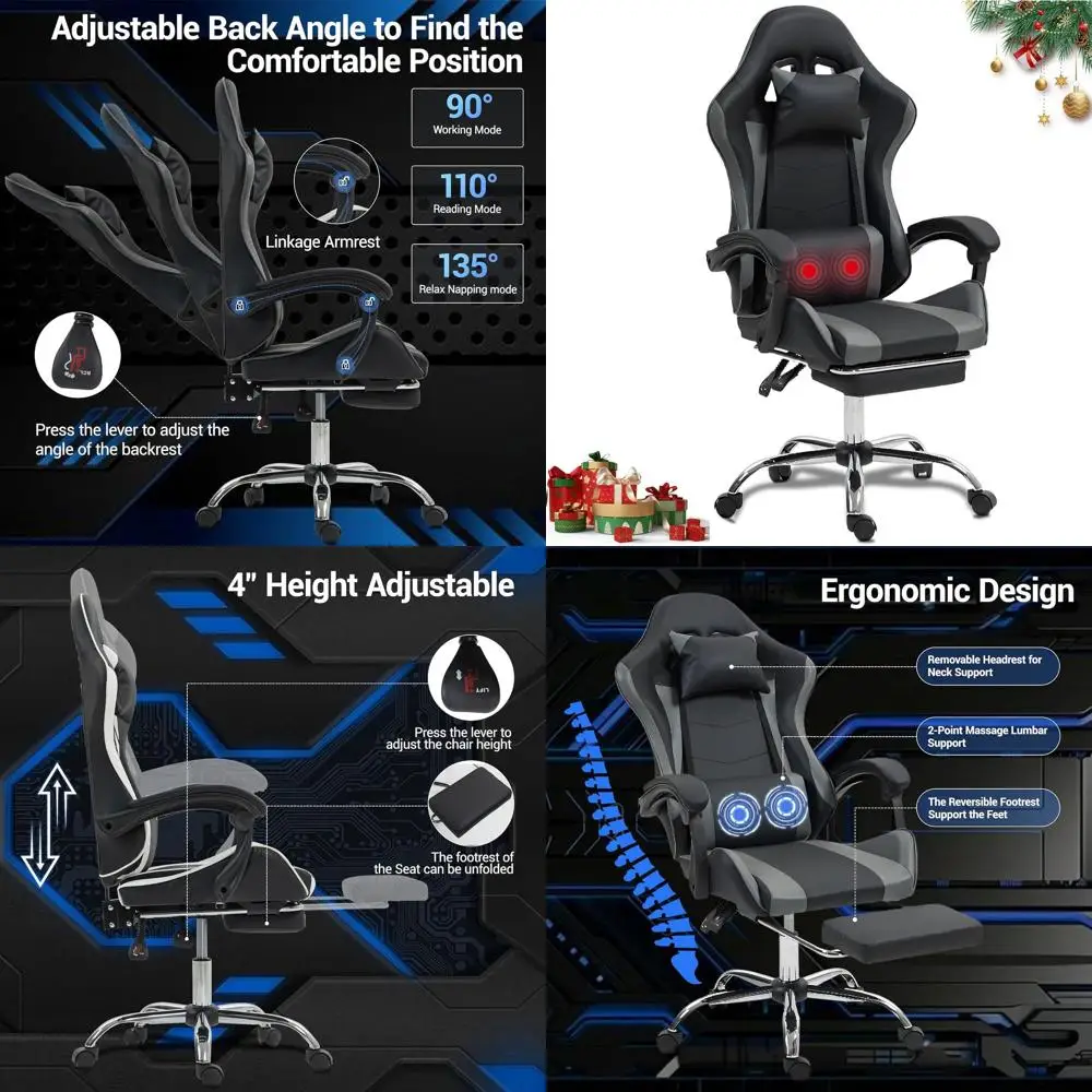Ergonomischer Massage-Gaming-Stuhl, grauer, verstellbarer Drehstuhl mit Lendenwirbelstütze für Erwachsene und Kinder, ideal für das Heimbüro, Schlafzimmer