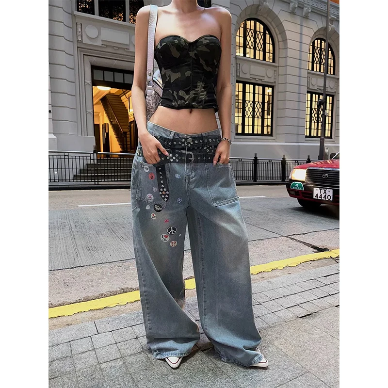 

Синие джинсы Y2k с принтом граффити, женские мешковатые джинсовые брюки в японском стиле 2000-х годов, Harajuku, винтажные джинсы большого размера в стиле хип-хоп, брюки 2025