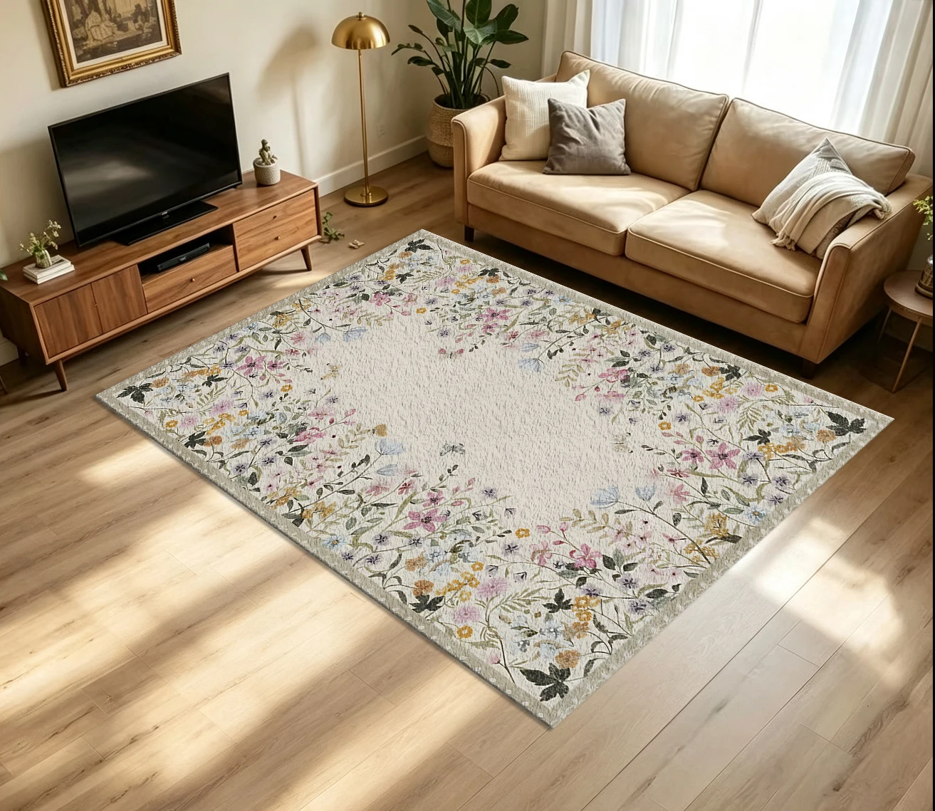 Pastel Watercolor Wildflower Butterfly Border Rug, Non-Slip Washable Floor Rug Suitable for Living Room, Bedroom, Country-Style Home Decor