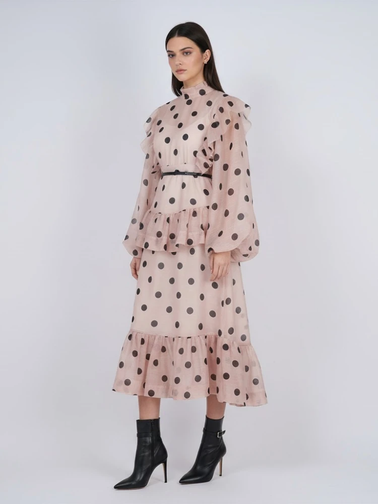Wave Point Set Women's Spring New Scarf Collar Bubble Sleeve Top with Long Ruffle Half Length Skirt Set