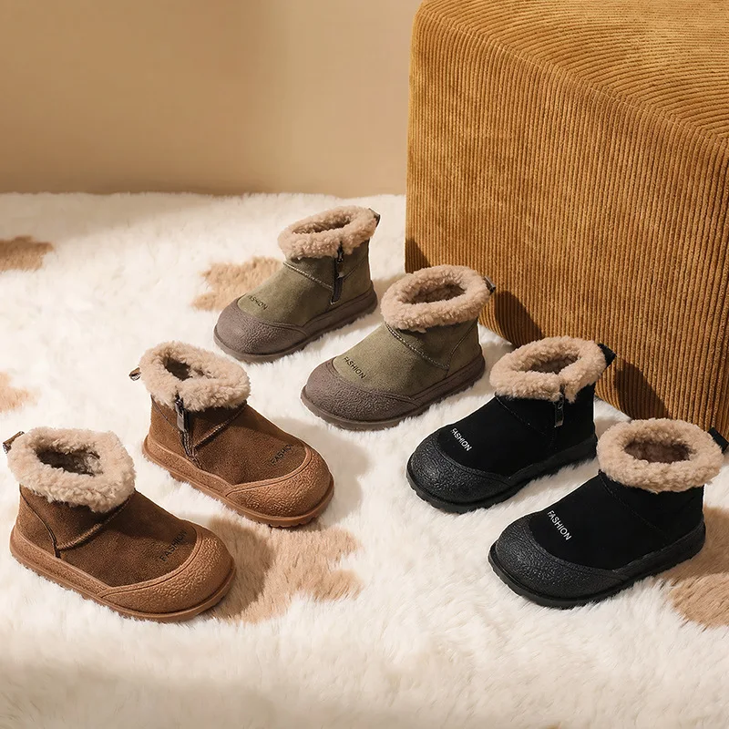 Kids'Snow Boots Solid Color PU Leather Fashion Winter Flat Shoes For Children Anti-slip Thick Bottom Warm Black Brown Size 16-26