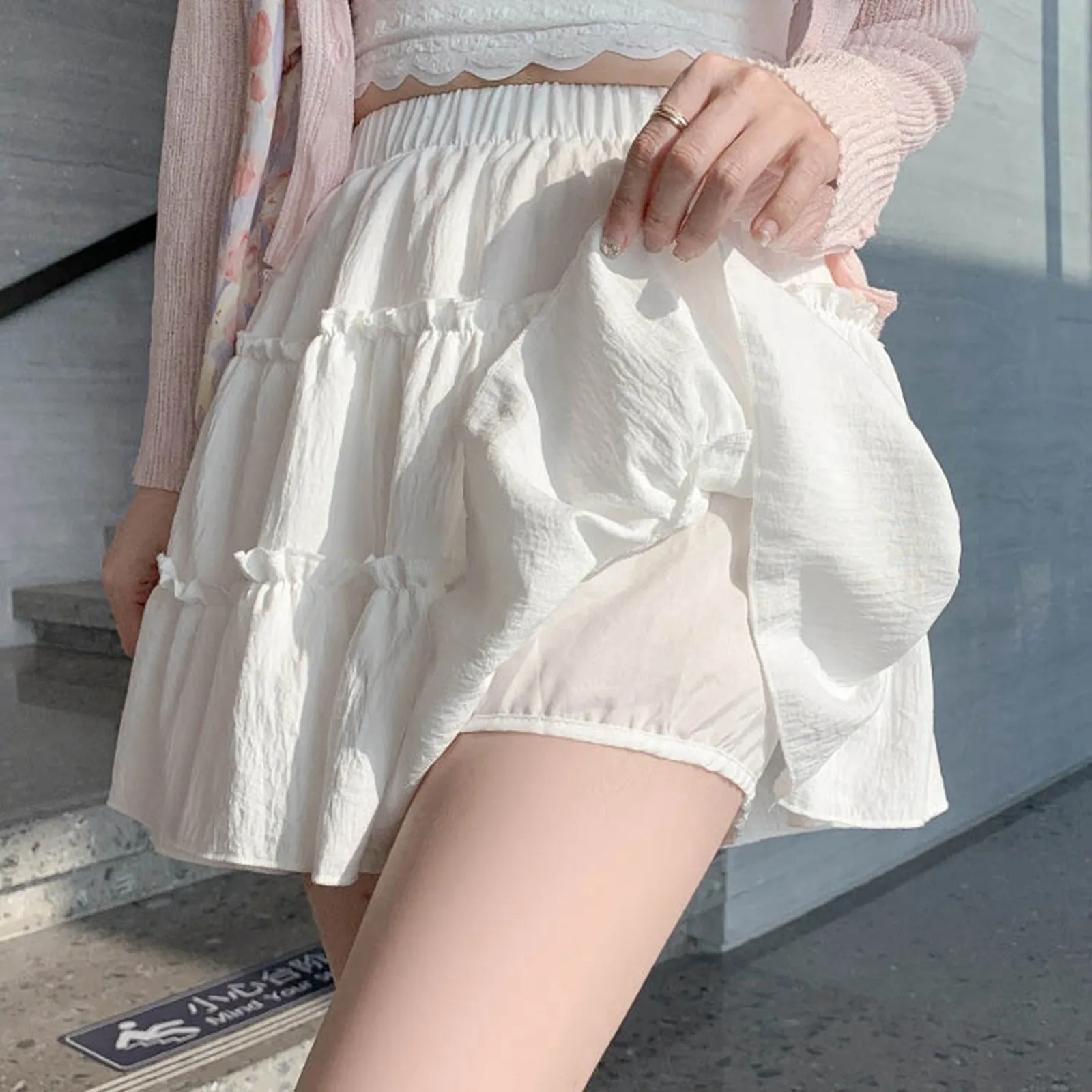 Women's Summer Sweet White Ruffles A-line High Waist Petite Pleated Tutu Skirt Fashion White Layer Tiered Design Cake Skirt